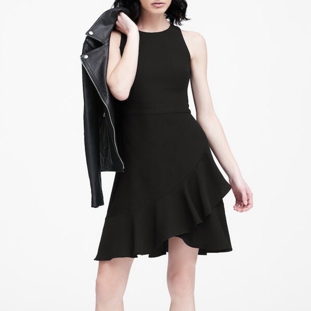 Banana Republic Black Asymmetrical Ruffle Faux Wrap Racerback Evening Mini Dress